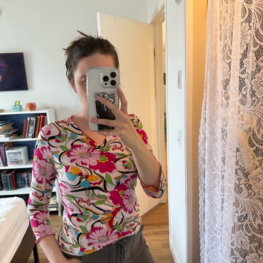 Y2K 90s Floral Butterfly Pink Retro All Over Print 3/4 Sleeve Top S